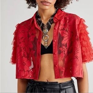 Free People Madonna Cropped Blouse Button Up Red Lace Ruffle Sleeves Women’s M